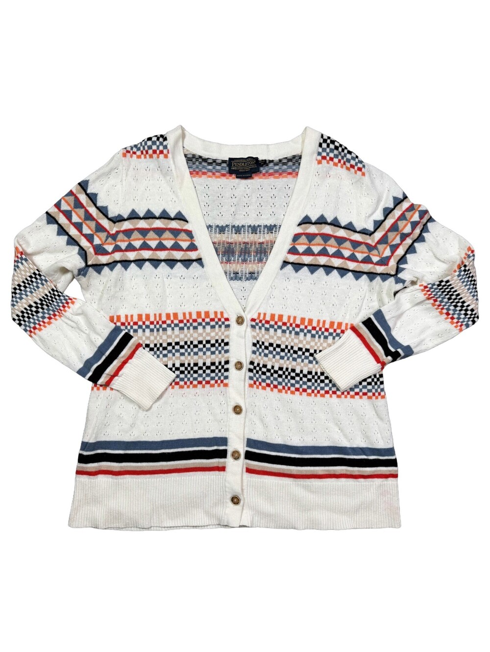 Pendleton Womens Petite M Cardigan Sweater Linen Cotton Geometric Southwestern
